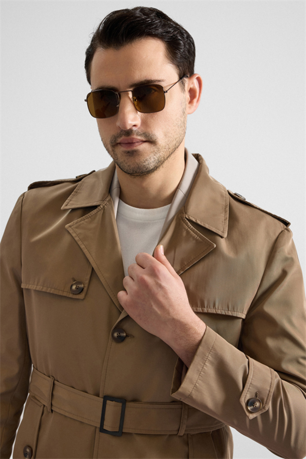 SÜVARİ  Bej Slim Düz Cepsiz Trençkot - Görsel 6