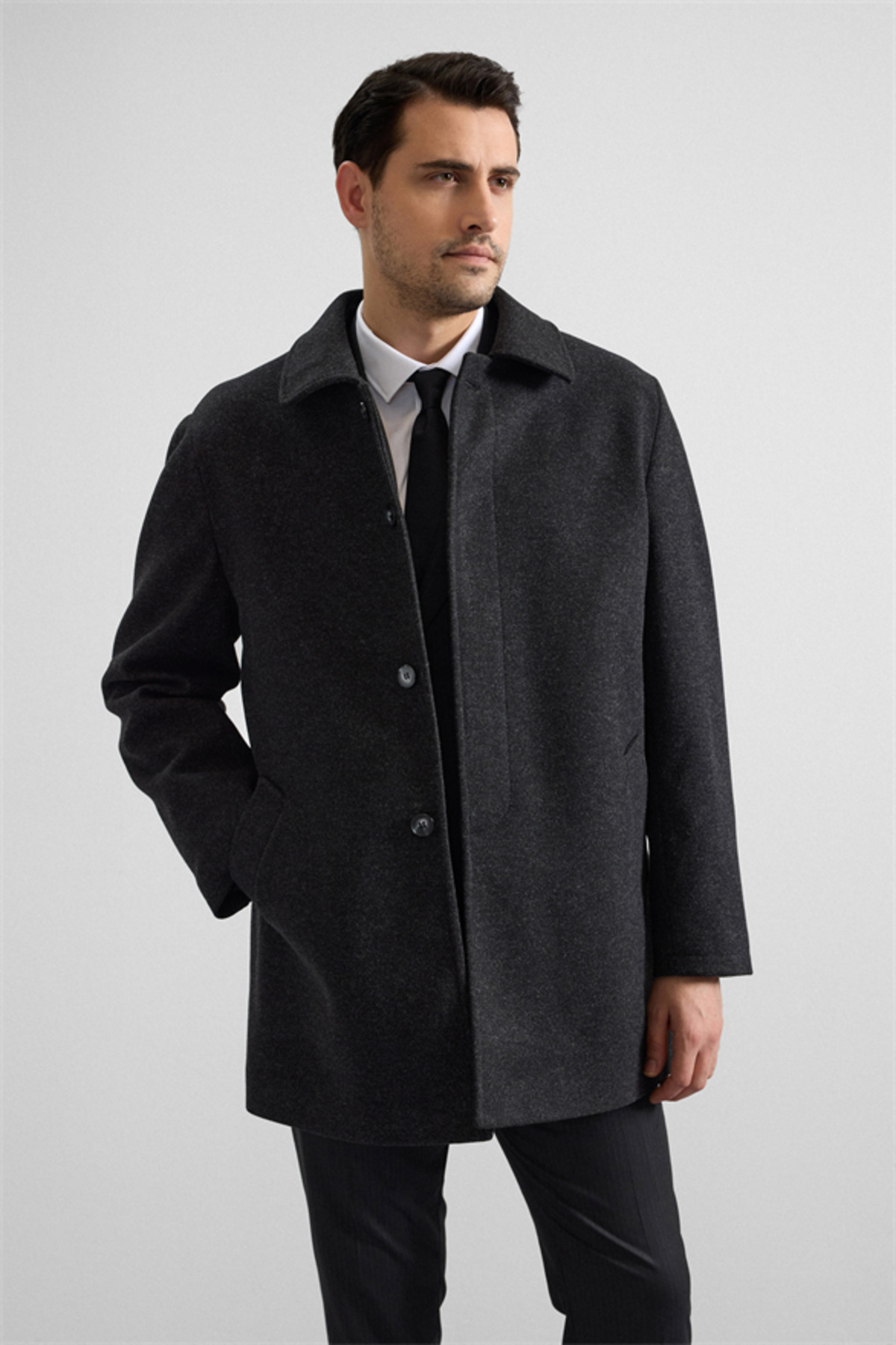 SÜVARİ  Antrasit Regular Bebe Yaka Düz Yan Cepli Kaban - Görsel 7