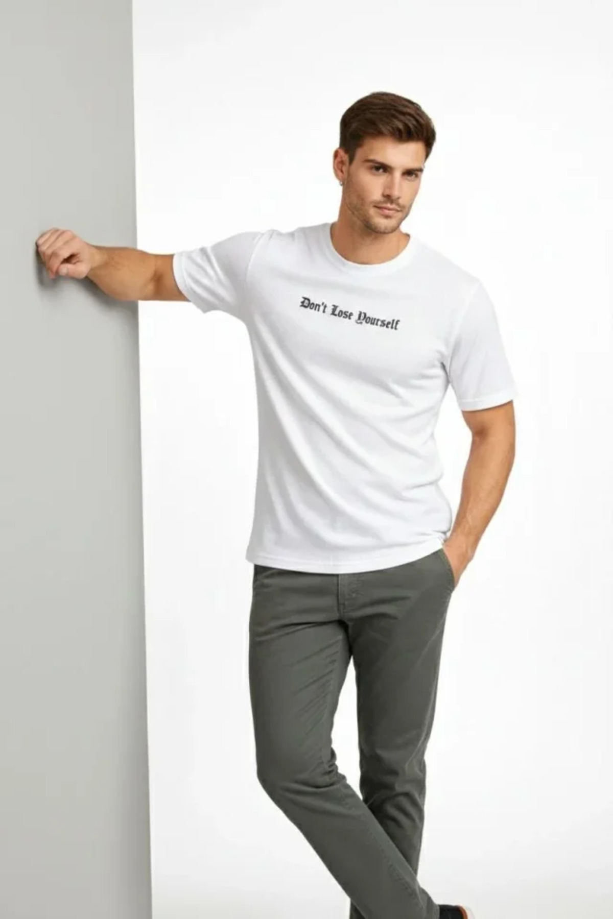 Erkek Wafıl Kumaş Tişört Regular Kalıp Bisiklet Yaka Baskılı Günlük Basic T-Shirt - Bey alternatif görünüm