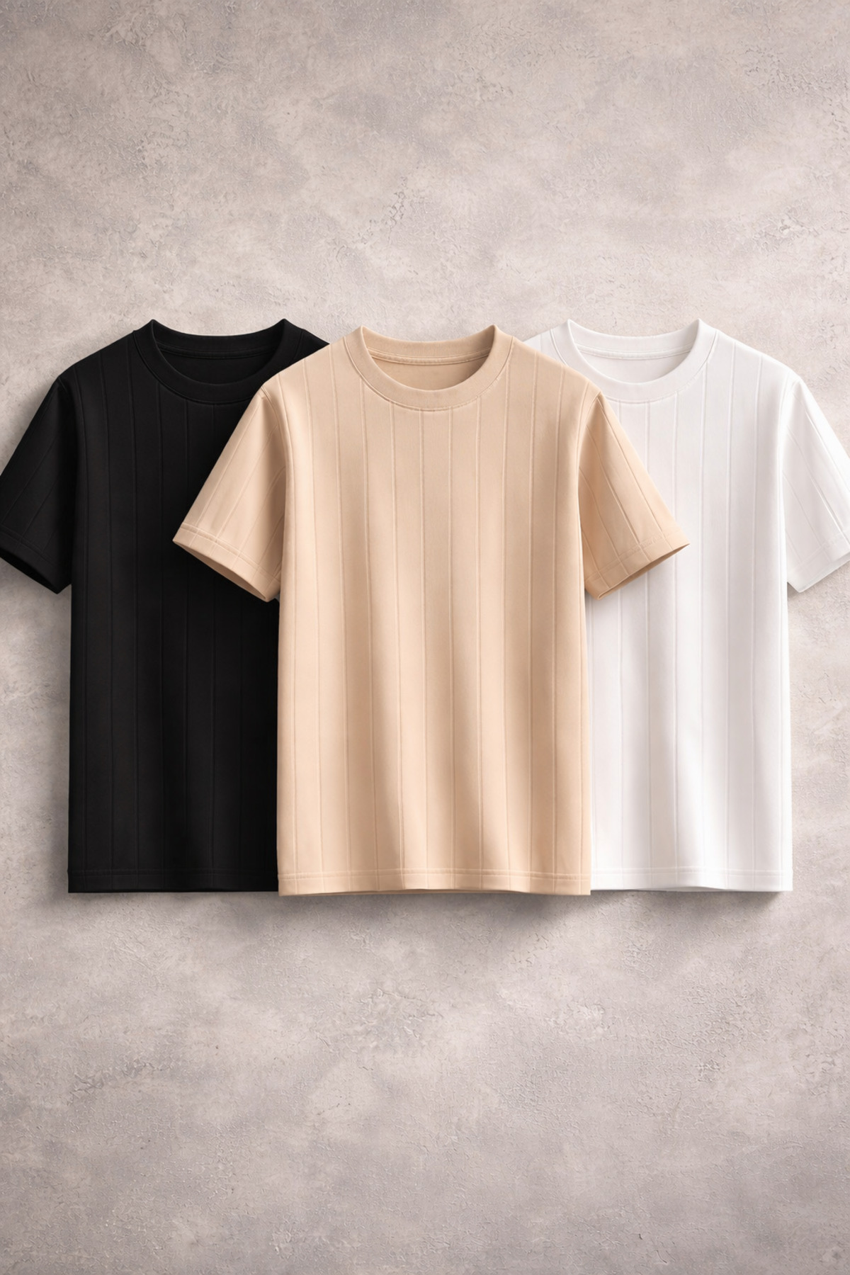 Men's 3-Pack Crew Neck Knitwear Textured Regular Cotton Black White Beige T-shirt