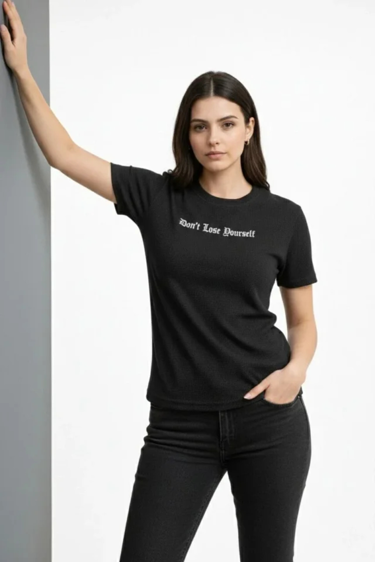 Wafıl Kumaş Tişört Regular Kalıp Bisiklet Yaka Baskılı Günlük Basic T-Shirt - Siyah alternatif görünüm