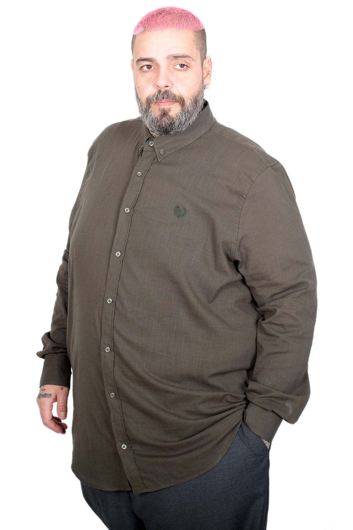 ModeXL Mode XL Büyük Beden Erkek Uzun Kollu Keten Gömlek 20396 HAKİ görsel 3
