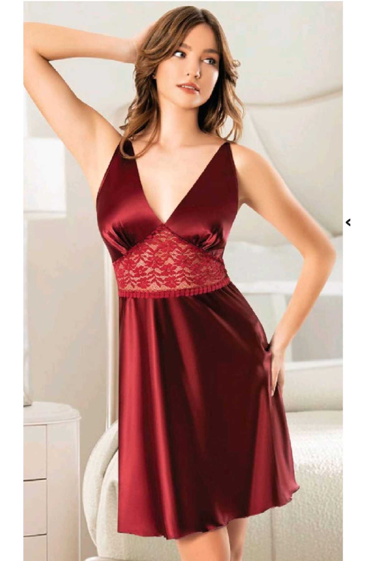 MARİA CALZE Kadın Dantel Detay İp Askılı Saten Kırmızı Gecelik