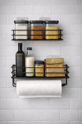 Kitchen Smile Yapışkanlı Banyo Ve Mutfak Rafı 2 li Set Kağıt Havlu Askılı Ban...