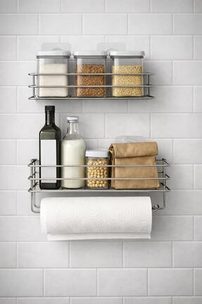 Kitchen Smile Yapışkanlı Banyo Ve Mutfak Rafı 2 li Set Kağıt Havlu Askılı Ban...