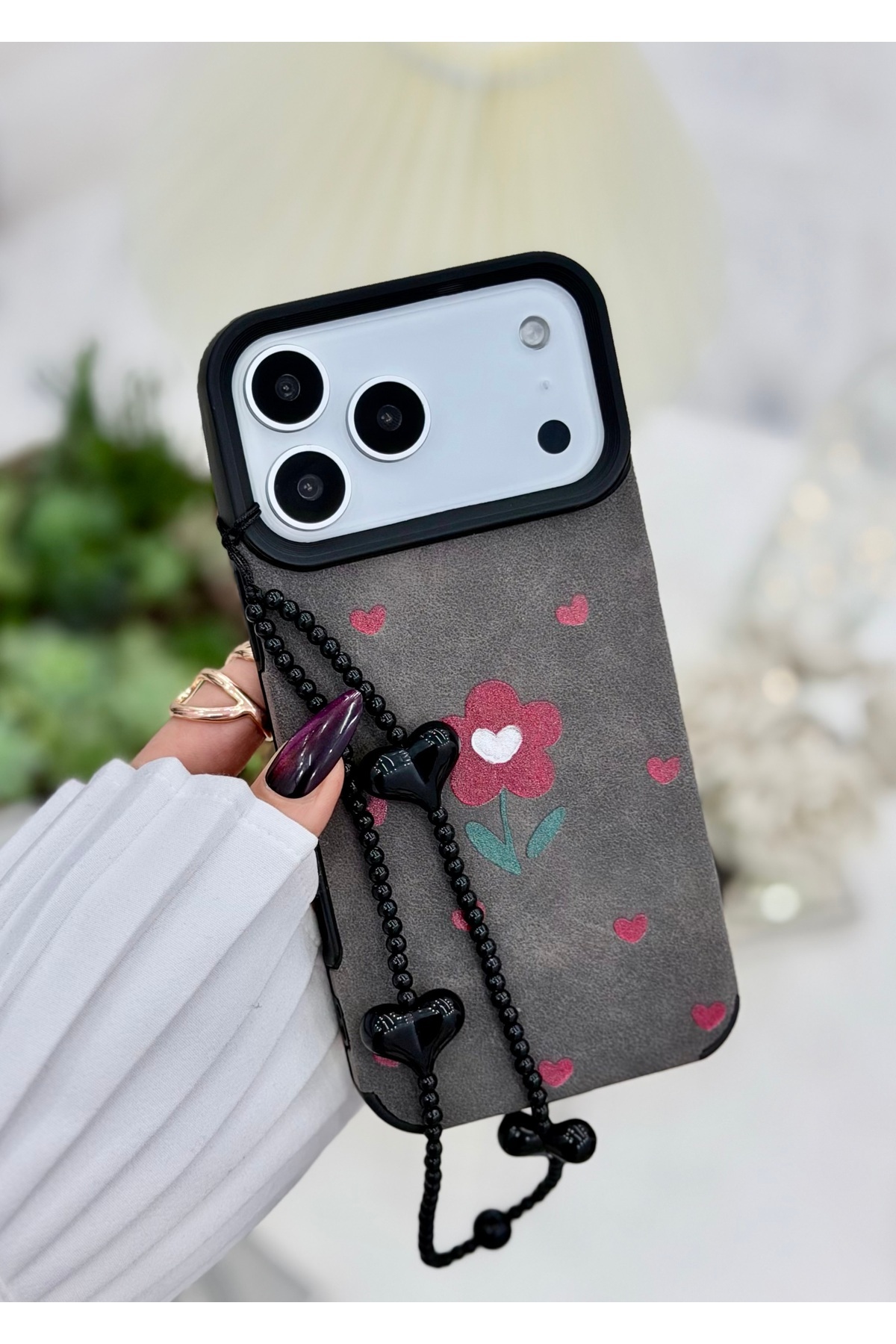 Iphone 17 Promax Compatible Coating Charm Claret Red Flower Design Flexible Silicone Case with Toy