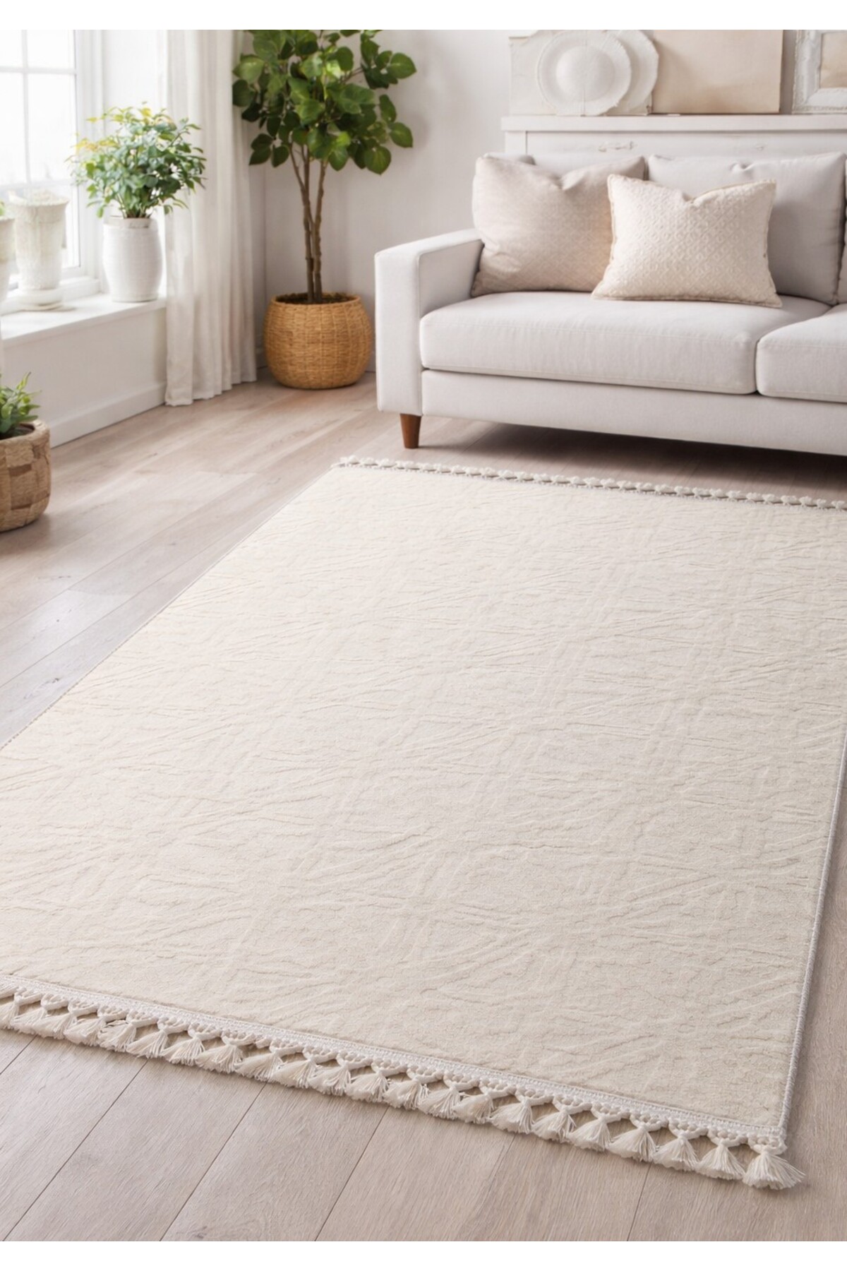 Knitted Fringed Relief Trojan Anti-Slip Floor Living Room Kitchen Corridor Carpet Runner Rug CREAM