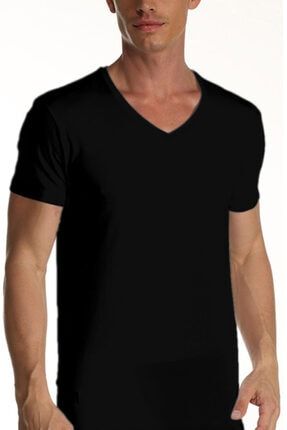 Erkek Elastanlı V Yaka Siyah T-shirt 0956 12'li Paket 956-12
