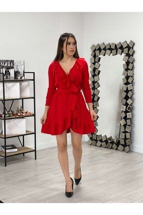 Crep Kumaş Fırfırlı Mini Elbise Kırmızı GYM-0203