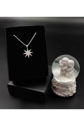 Mini Melekli Işıklı Kar Küresi& Gümüş Kutup Yıldızı Zirkon Taşlı Kolye Hediye Seti 000464