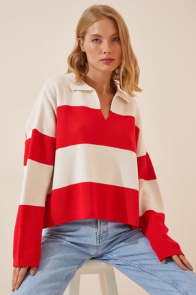 Happiness İstanbul Kadın Kırmızı Beyaz Polo Yaka Oversize Crop Triko Kazak  US00685
