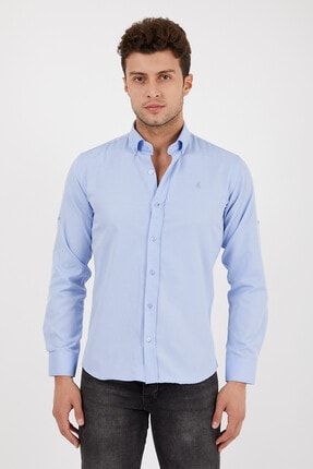 Erkek Mavi Katlamalı Uzun Kol Chambray Oxford Kumaş Slim Fit Gömlek 332