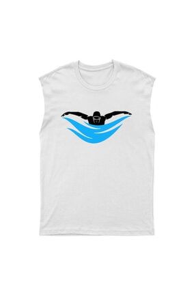 Yüzme Desenli Unisex Kolsuz Tişört, Kesik Kol T-shirt KK6575