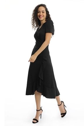 Kadın Siyah Omuz Büzgülü Volan Detaylı Uzun Kruvaze Elbise MDTRN16037