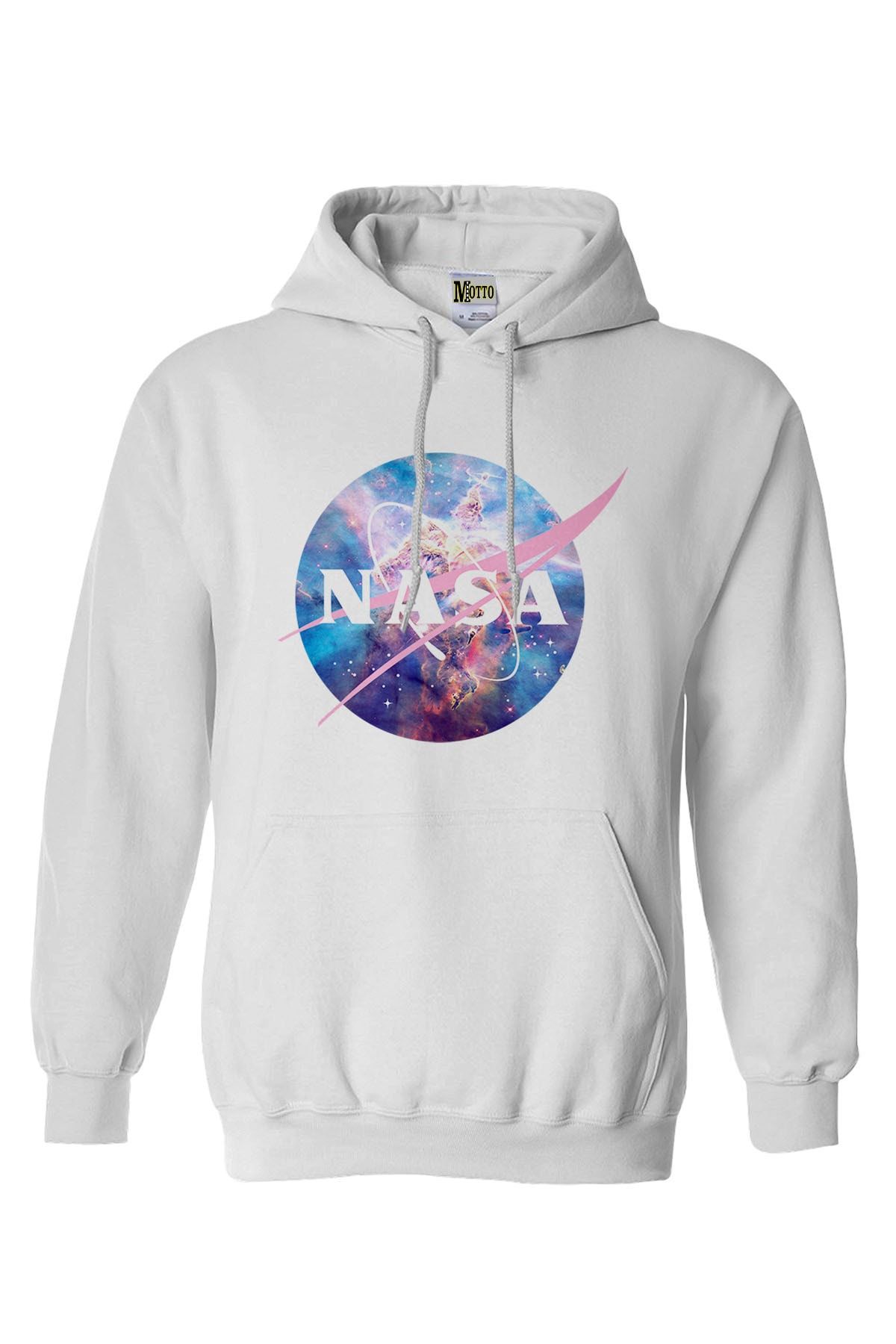 Mottotrend Unisex White Hooded Sweatshirt Hoodie with Nasa Logo