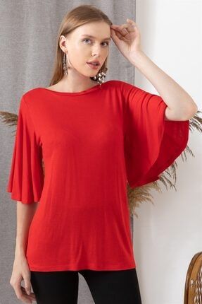 Kadın Kırmızı Kolu Volanlı Kayık Yaka Bluz 210029