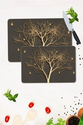 2' Li Takım 30x40 Cm Ve 20x30 Cm Altın Ağaç Desenli Cam Kesim Tablası Ve Ocak Koruma Altın ağaç