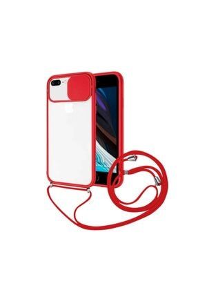 Iphone 7 / Iphone 8 / Se Sürgülü Kamera Korumalı Boyun Askılı Kırmızı Ipli Telefon Kılıfı 7surgulu