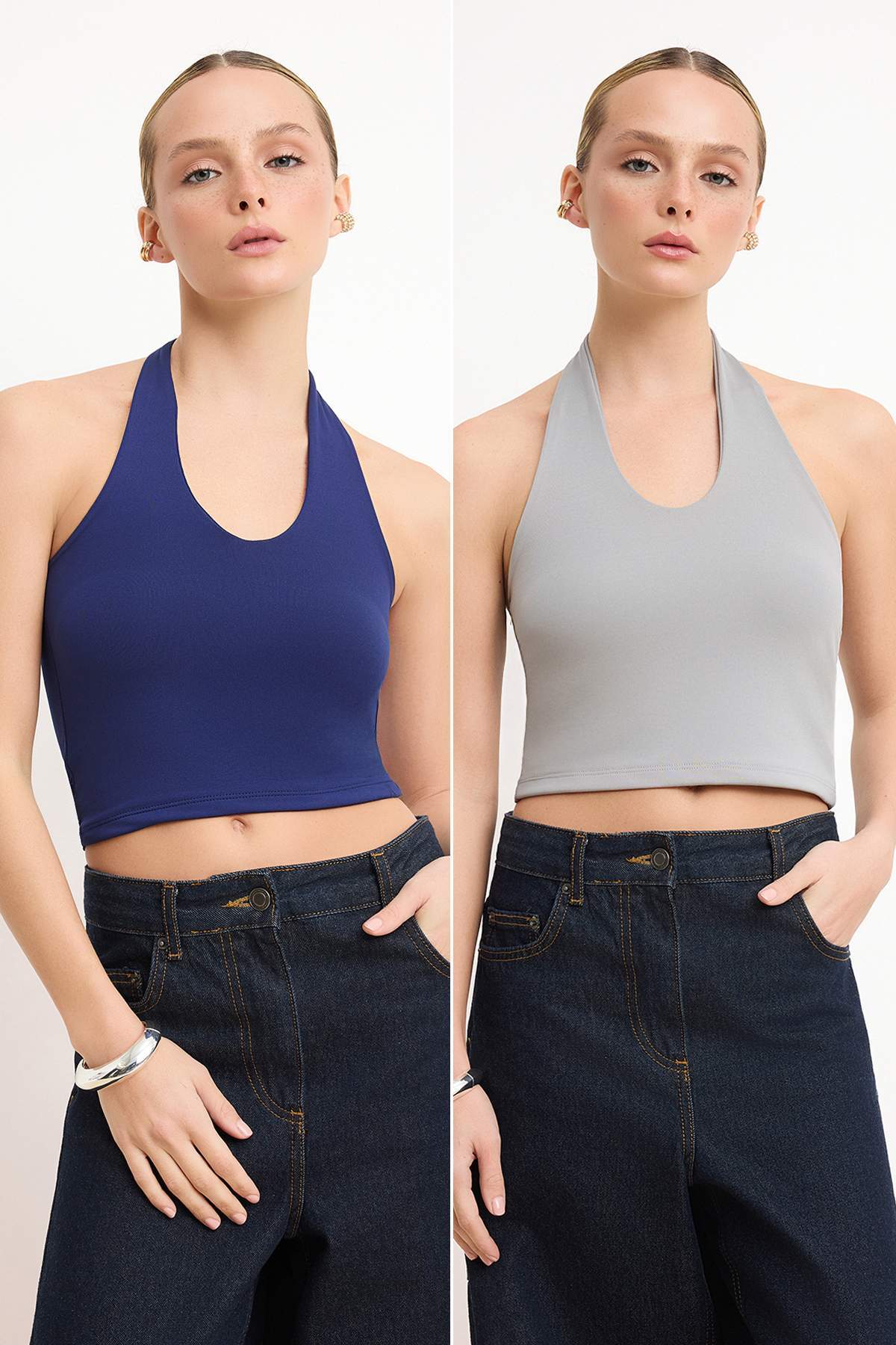 Trendyolmilla Lacivert-Gri Melanj Boyundan Geçmeli Vücuda Oturan Crop Esnek Örme Bluz TWOAW26BZ00251