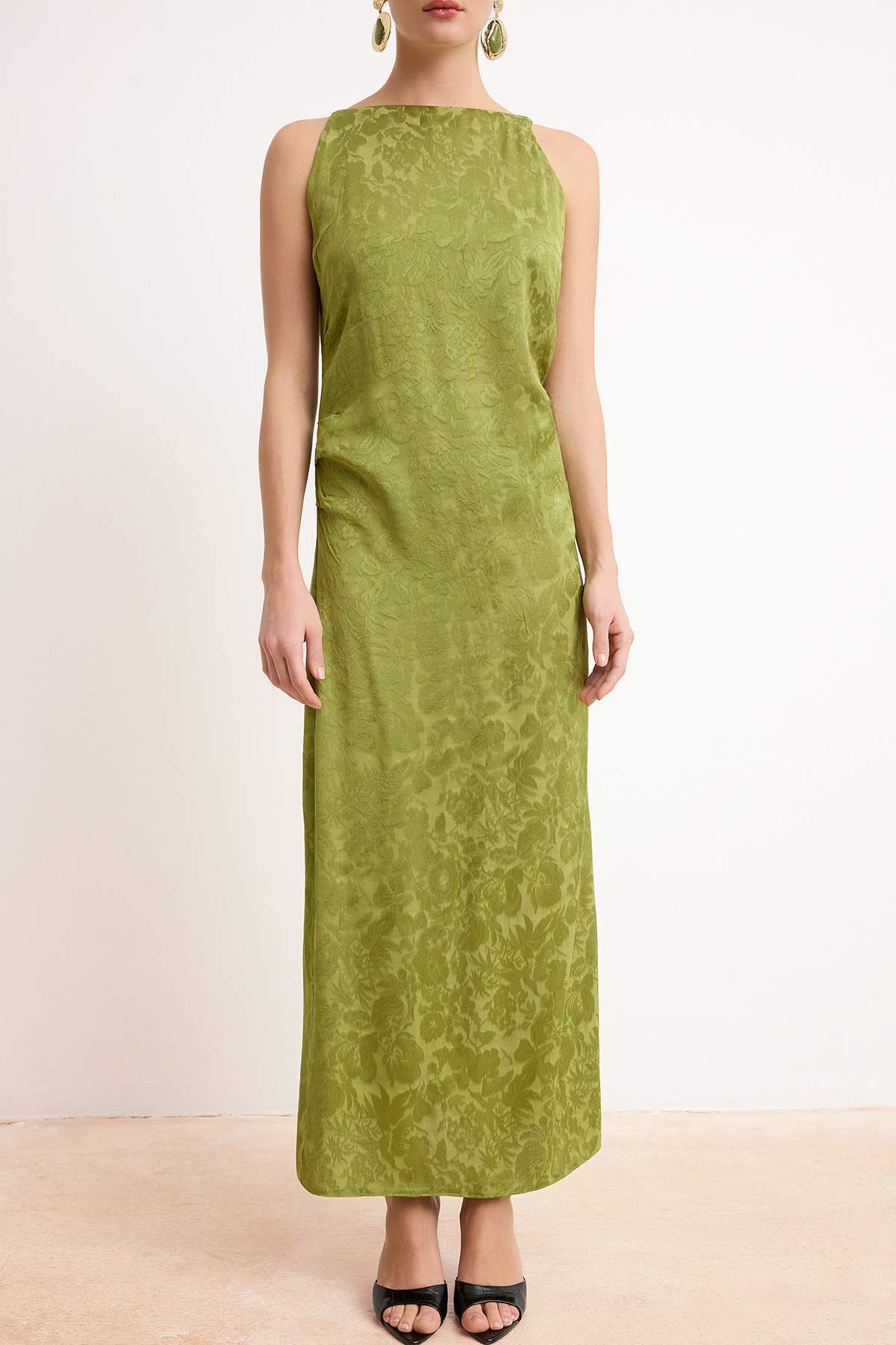 Trendyolmilla  Yağ Yeşil Büzgü ve Drape Detaylı Midi Dokuma Elbise TWOSS26EL00187 - Görsel 3