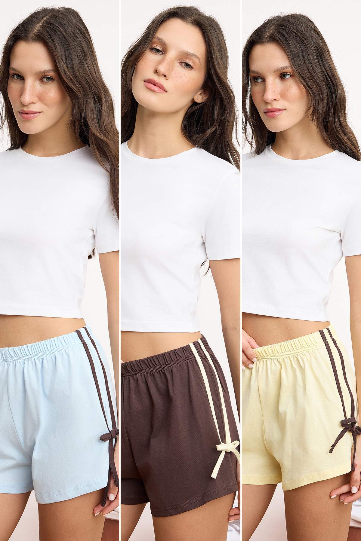 Trendyolmilla Mavi-Kahverengi-Sarı 3'lü Paket %100 Pamuklu Bağlamalı/Fiyonklu Örme Pijama Altı THMSS25PJ00022