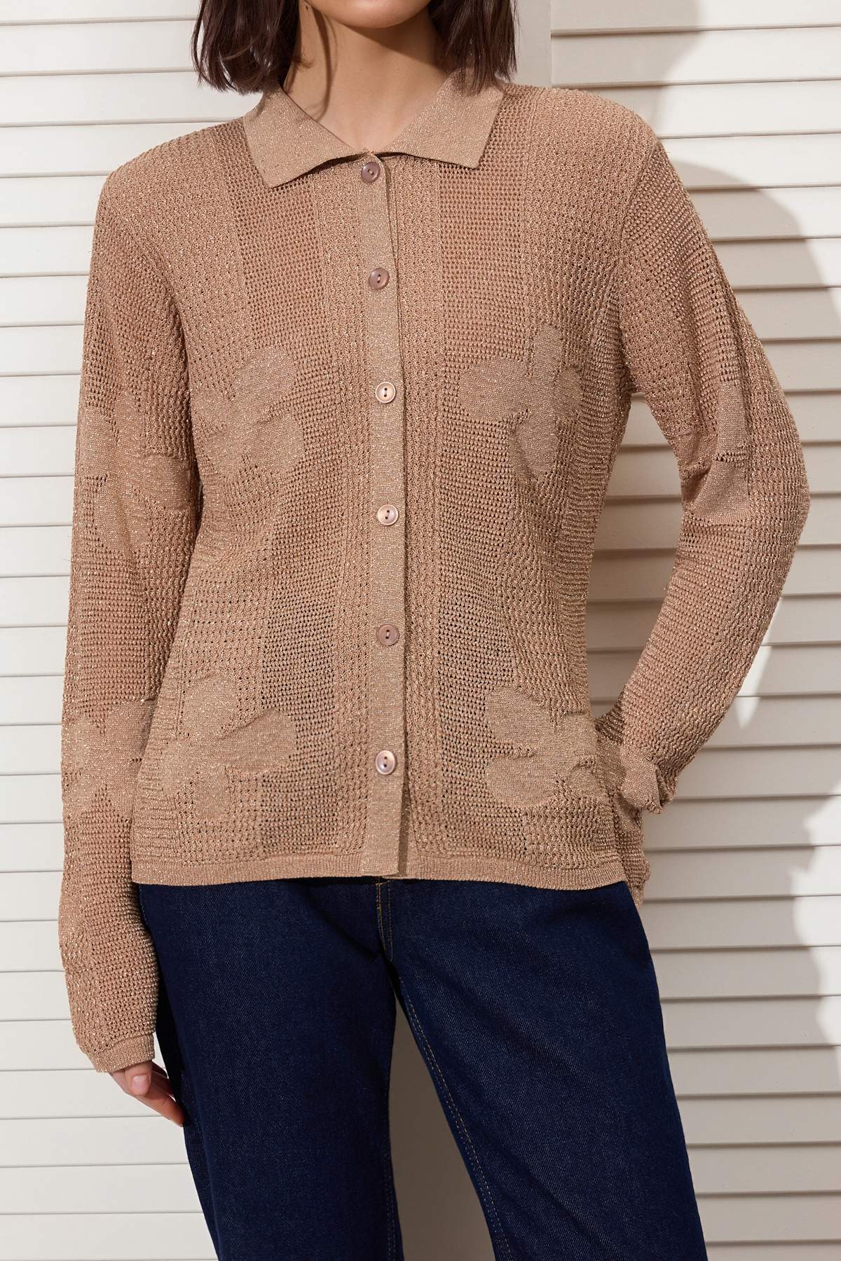 Trendyolmilla  Camel Polo Yaka Ajurlu/Delikli Nakışlı Triko Hırka TWOSS26HI00011 - Görsel 4