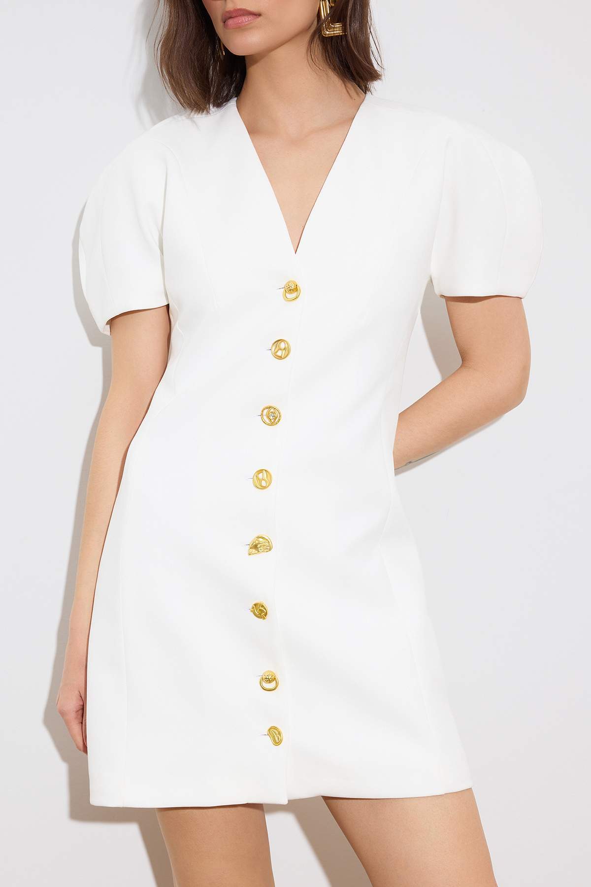 Trendyolmilla  Ekru Düğme Detaylı Kısa / Mini Dokuma Elbise TWOSS26EL00192 - Görsel 4