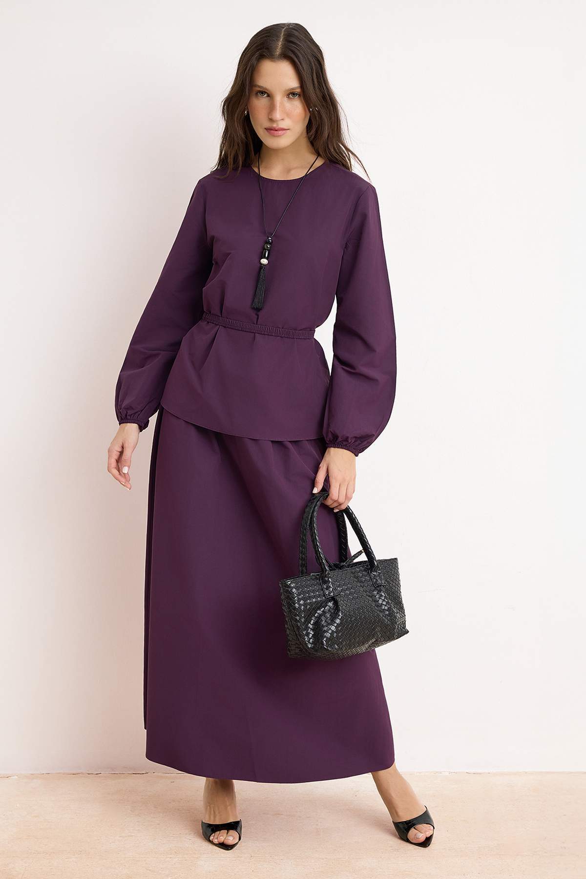 Trendyolmilla Modest Mürdüm Kemer Detaylı Bluz A-line Beli Lastikli Etek Alt - Üst Takım TCTSS26US00031