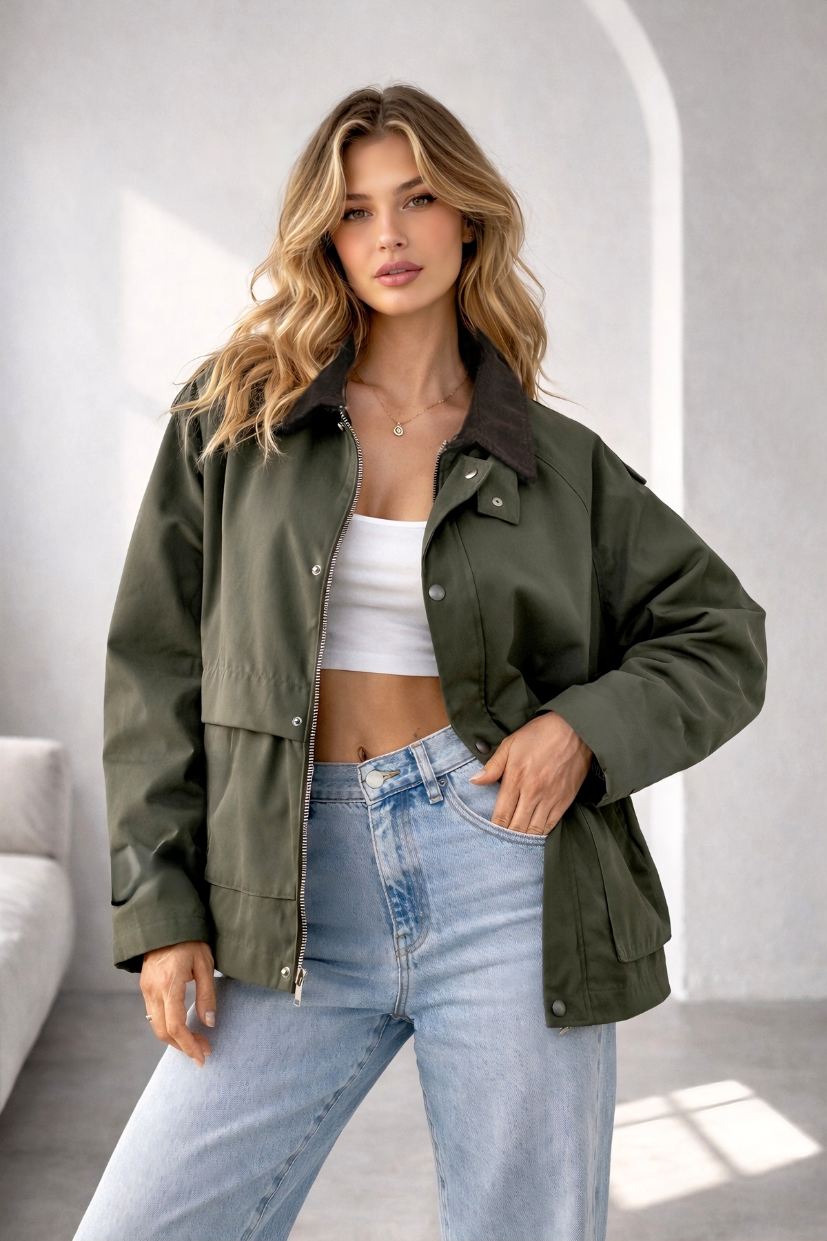 EA LİNE  Haki Regular Fit Kadife Yaka ve Çıtçıt Detaylı Unisex Mevsimlik Mont&Ceket - Görsel 2