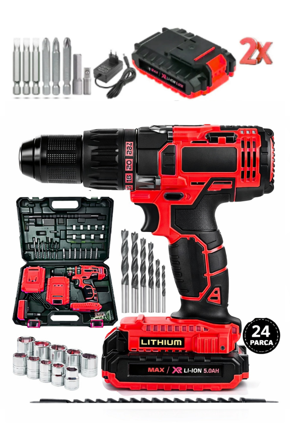 MOONSHOP Pro Japan Seri 144 Vf 5 Ah Metal Şanzıman Çift Akülü Şarjlı Darbeli Matkap 24 Parça Akülü Vidalama
