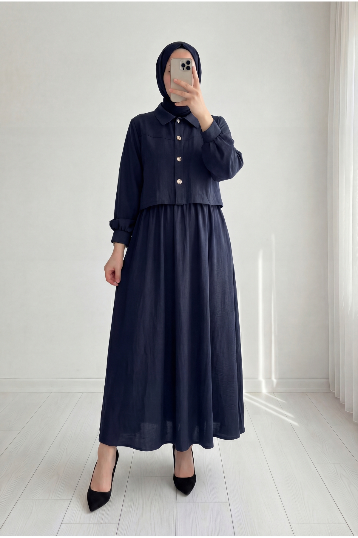Canan Gilet Dress with Shirred Waist and Jacket -EK647 Navy