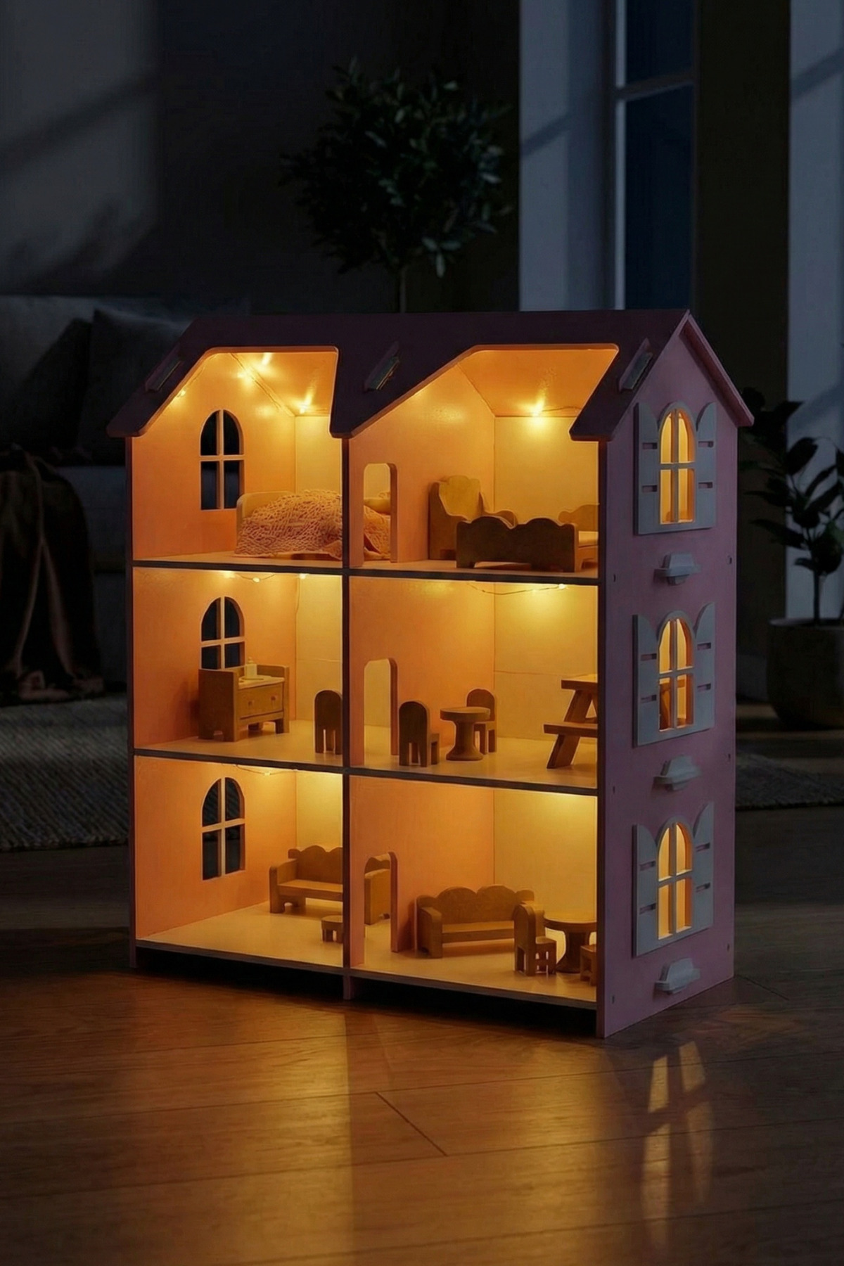 hedefixtoys LED Işıklı Ahşap Oyuncak Ev | 3 Katlı Pembe Montessori Bebek Evi fotoğrafı 2 (önizleme)