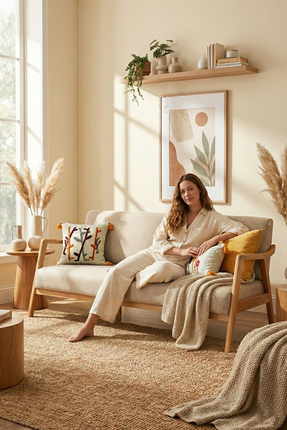 Zem Sevilla Bohem Üçlü Kanepe Natürel Ahşap, Sütlü Kahve