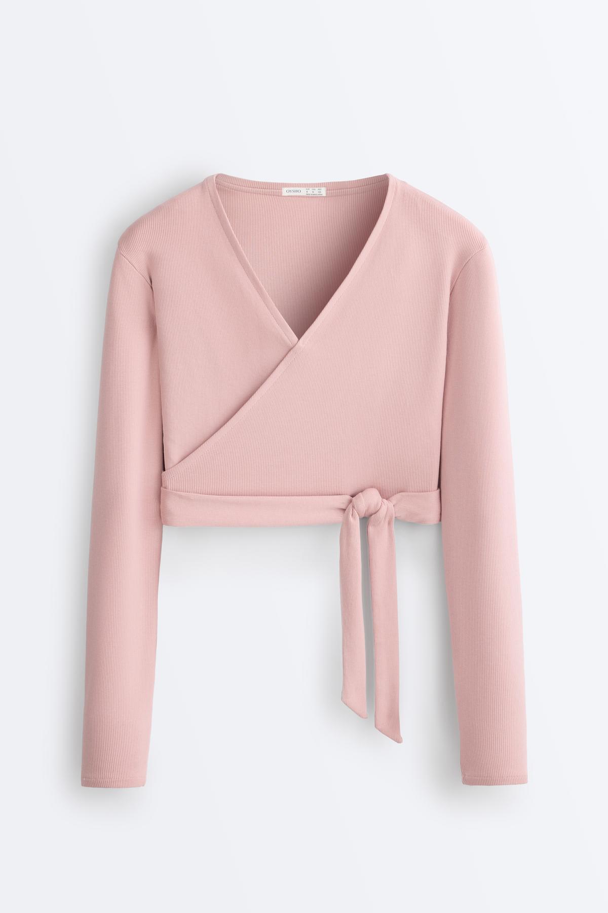 Oysho  Rib pamuk karışımı kruvaze T-shirt - Görsel 7