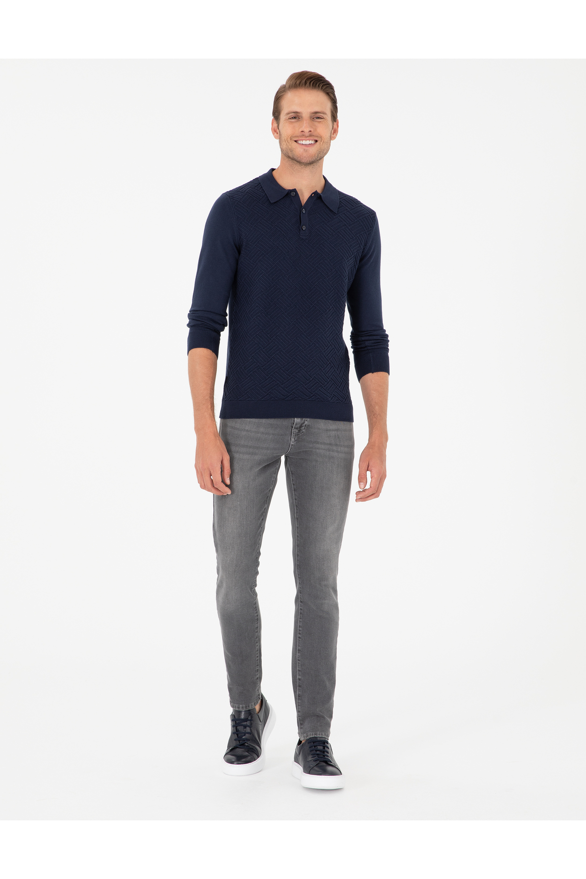 Pierre Cardin Lacivert Slim Fit Düğmeli Polo Yaka Triko Kazak 50300521-VR033 görsel 4