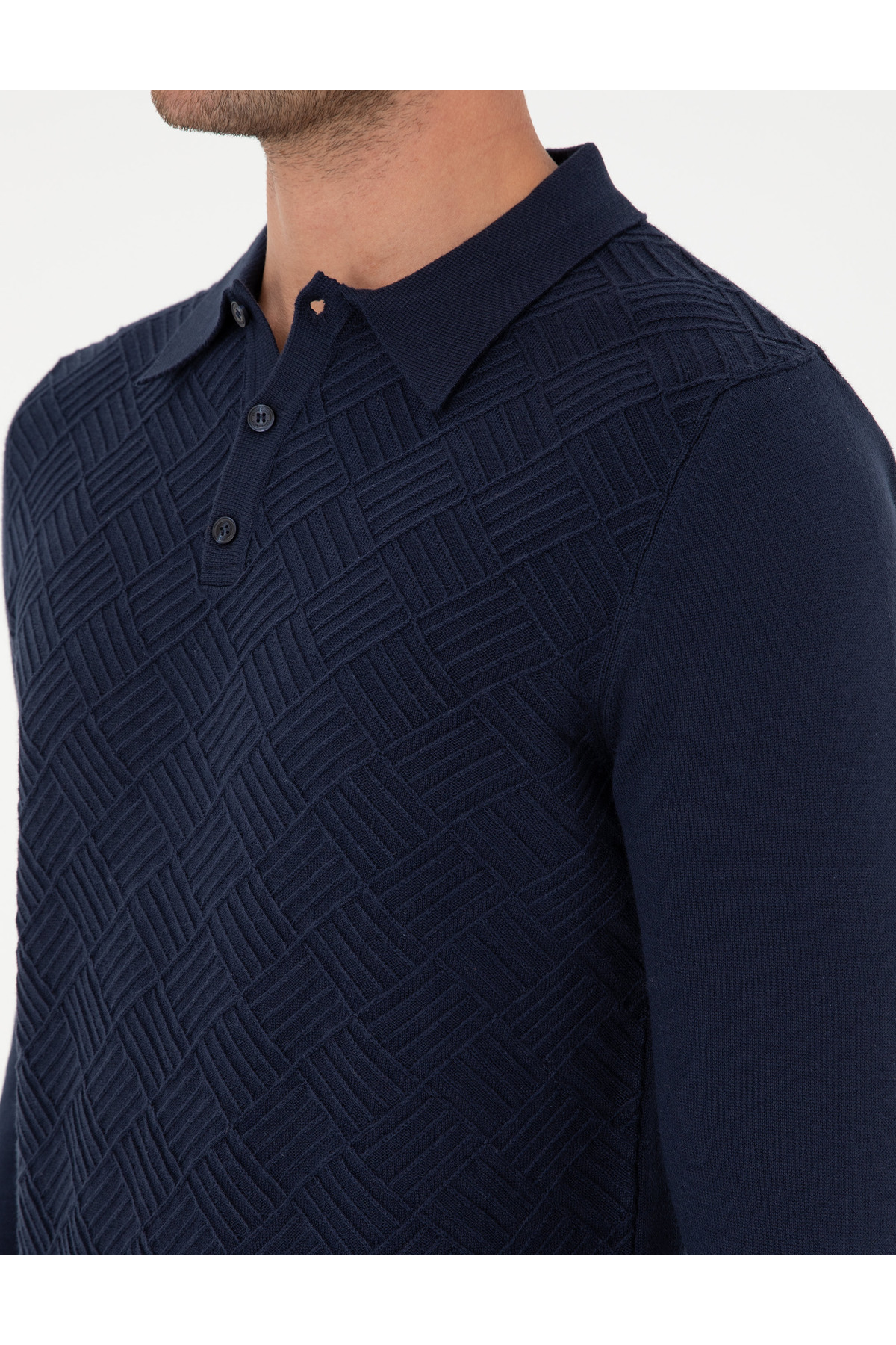 Pierre Cardin Lacivert Slim Fit Düğmeli Polo Yaka Triko Kazak 50300521-VR033 görsel 7