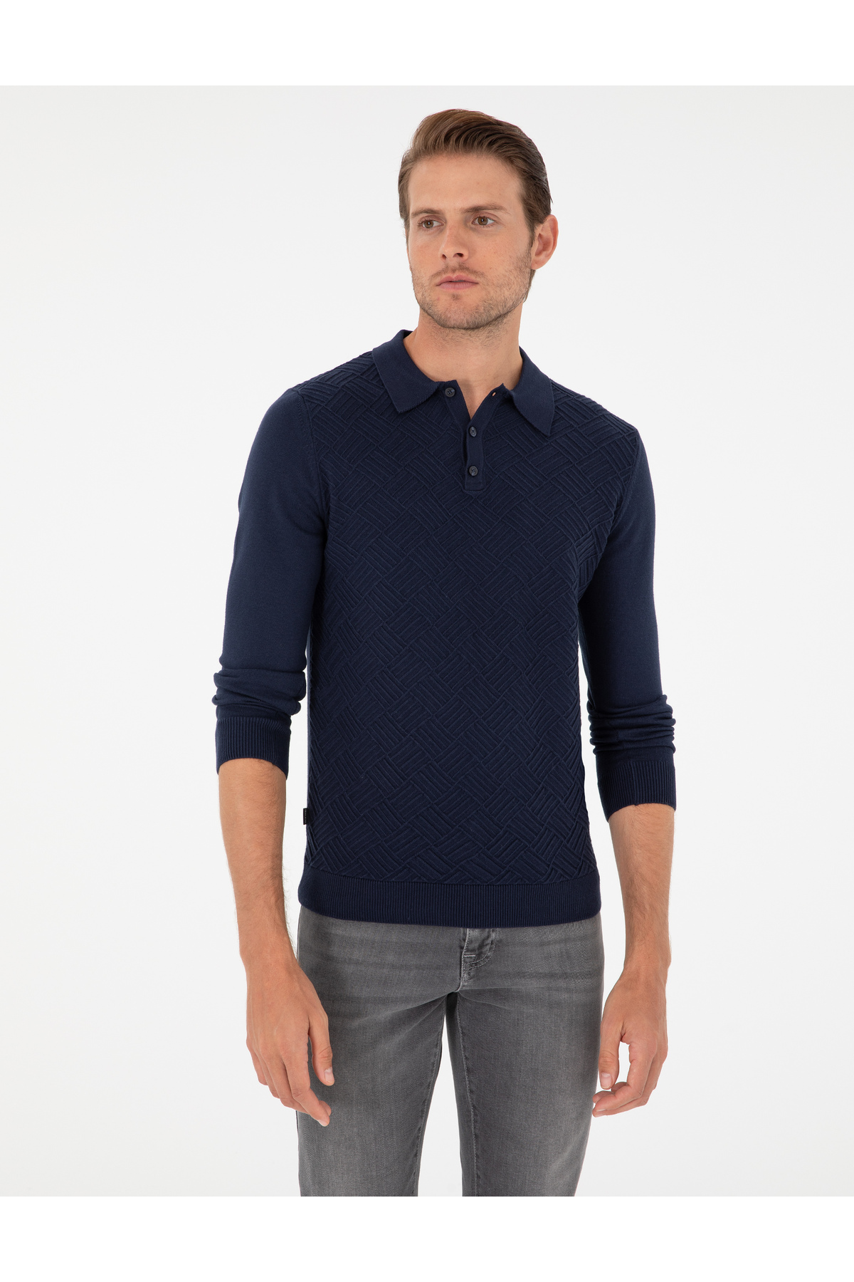 Pierre Cardin Lacivert Slim Fit Düğmeli Polo Yaka Triko Kazak 50300521-VR033 görsel 3