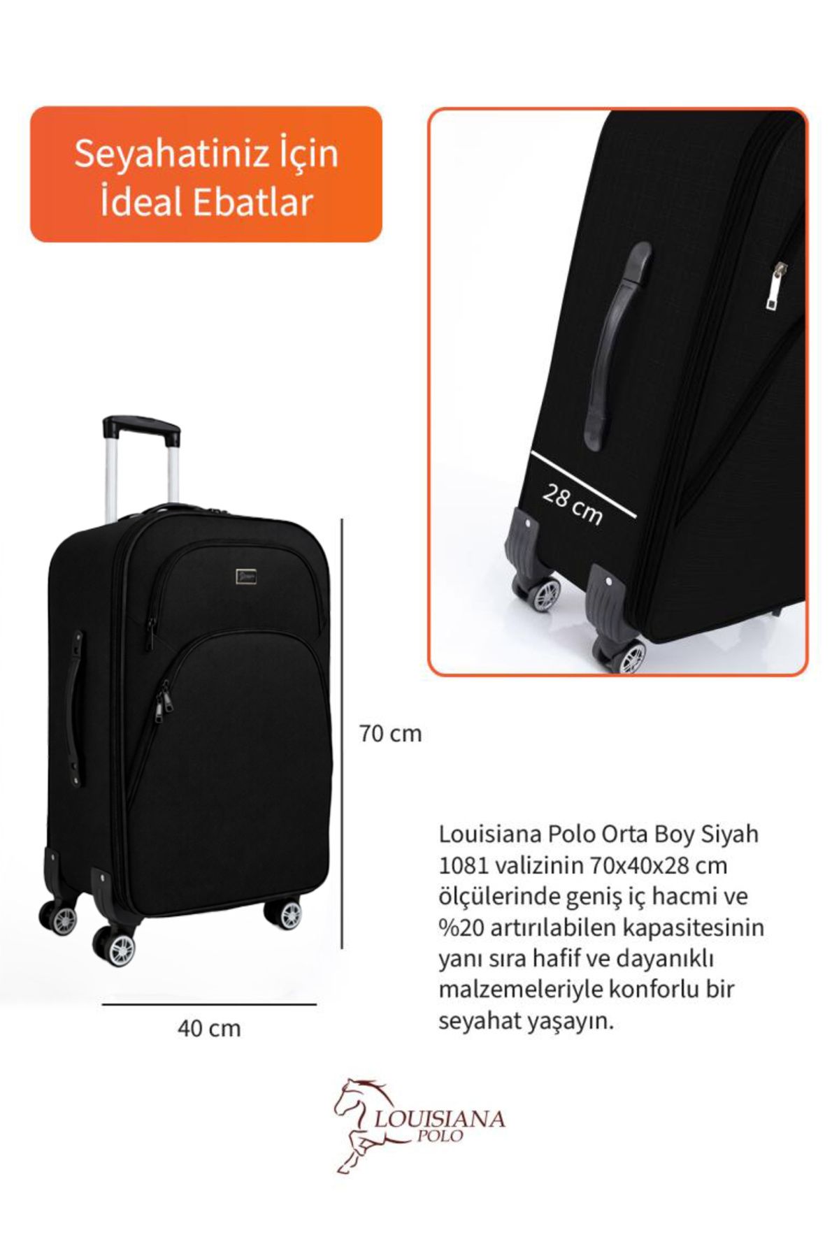 louisiana polo  Orta Boy 4 Teker Kumaş Valiz Siyah 1081 - Görsel 3