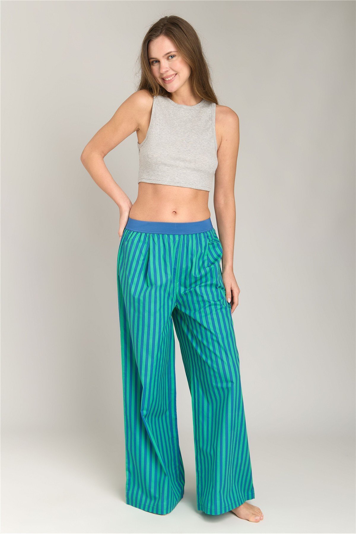SANDRA Poplin Pleated Pants Pajamas Bottom - Green