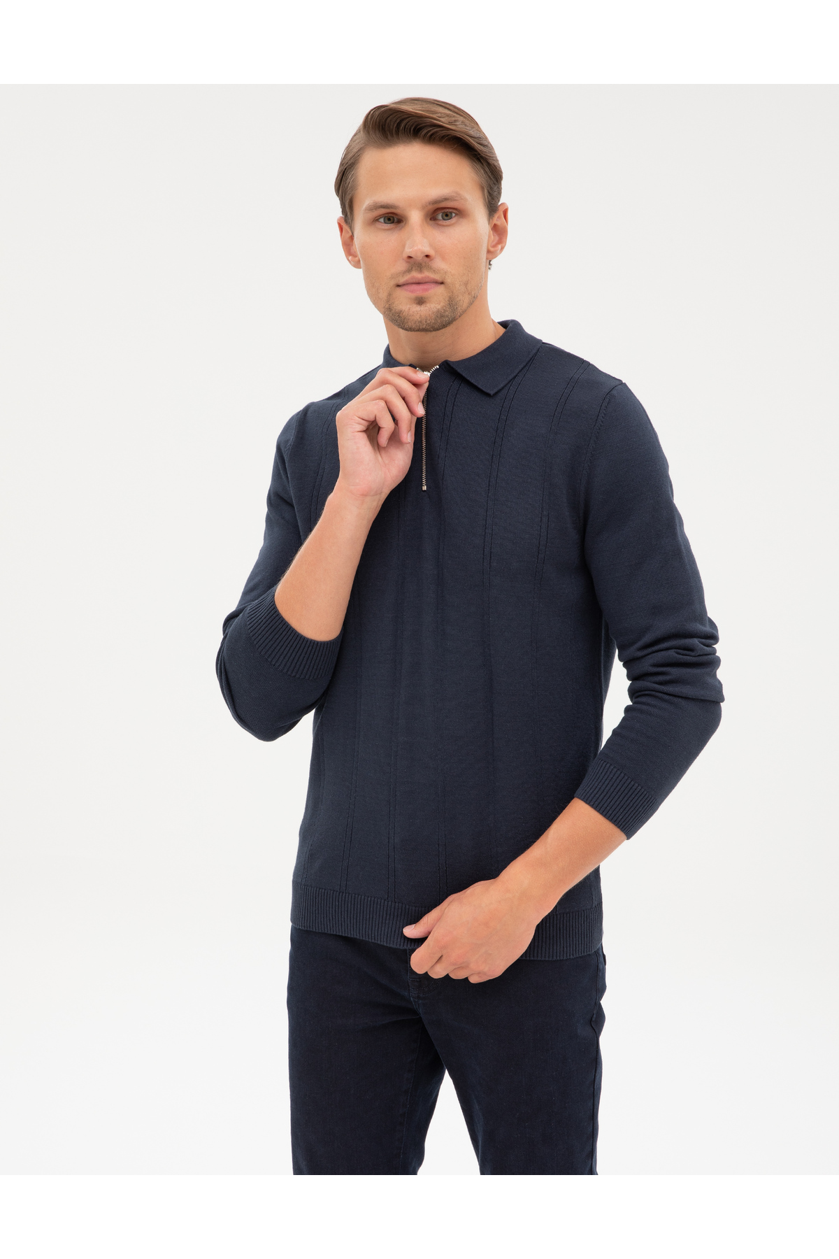 Pierre Cardin Lacivert Slim Fit Fermuarlı Polo Yaka Triko Kazak 50317398-VR033 görsel 3