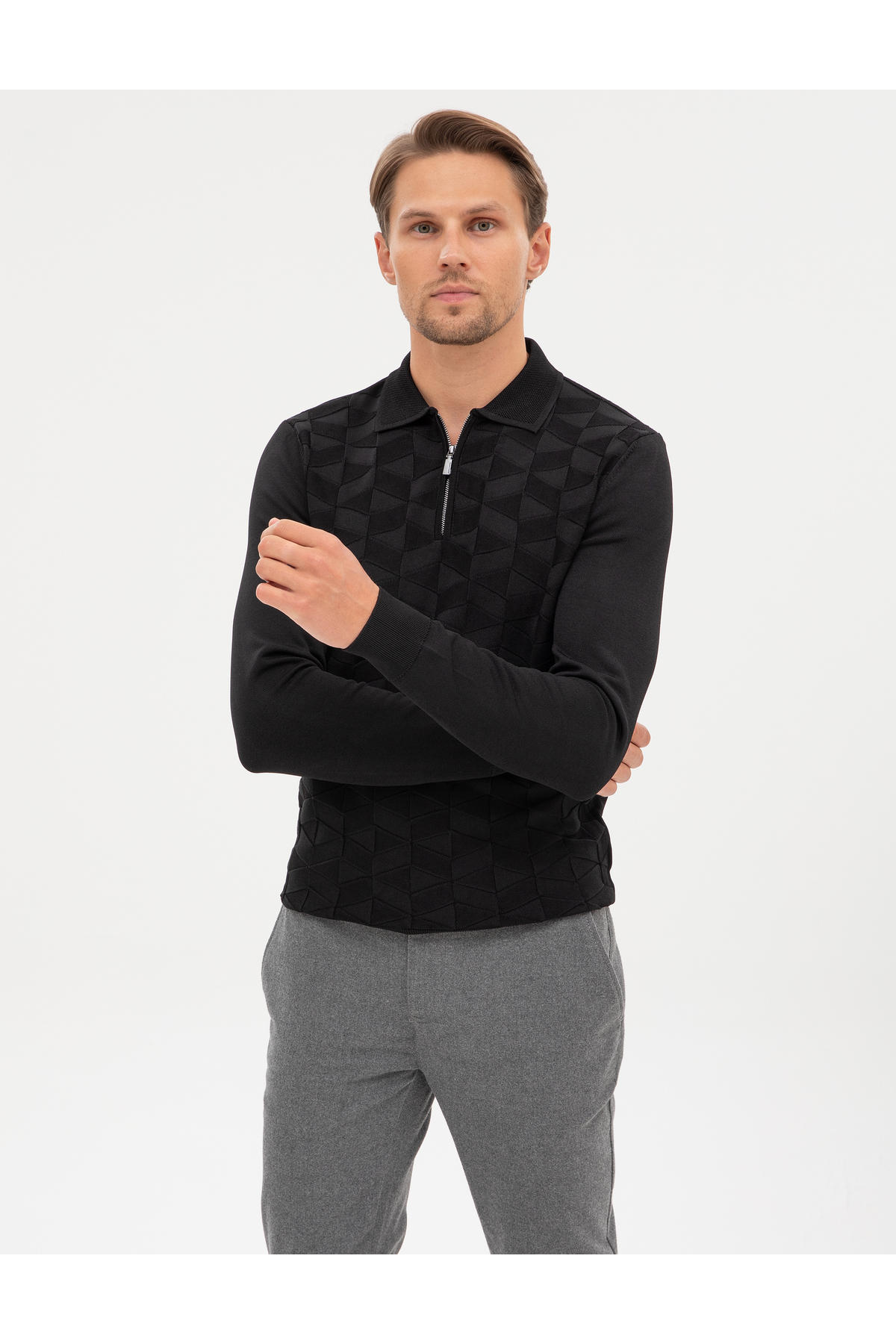 Pierre Cardin Siyah Slim Fit Polo Yaka Fermuarlı Triko Kazak 50315688-VR046 görsel 3