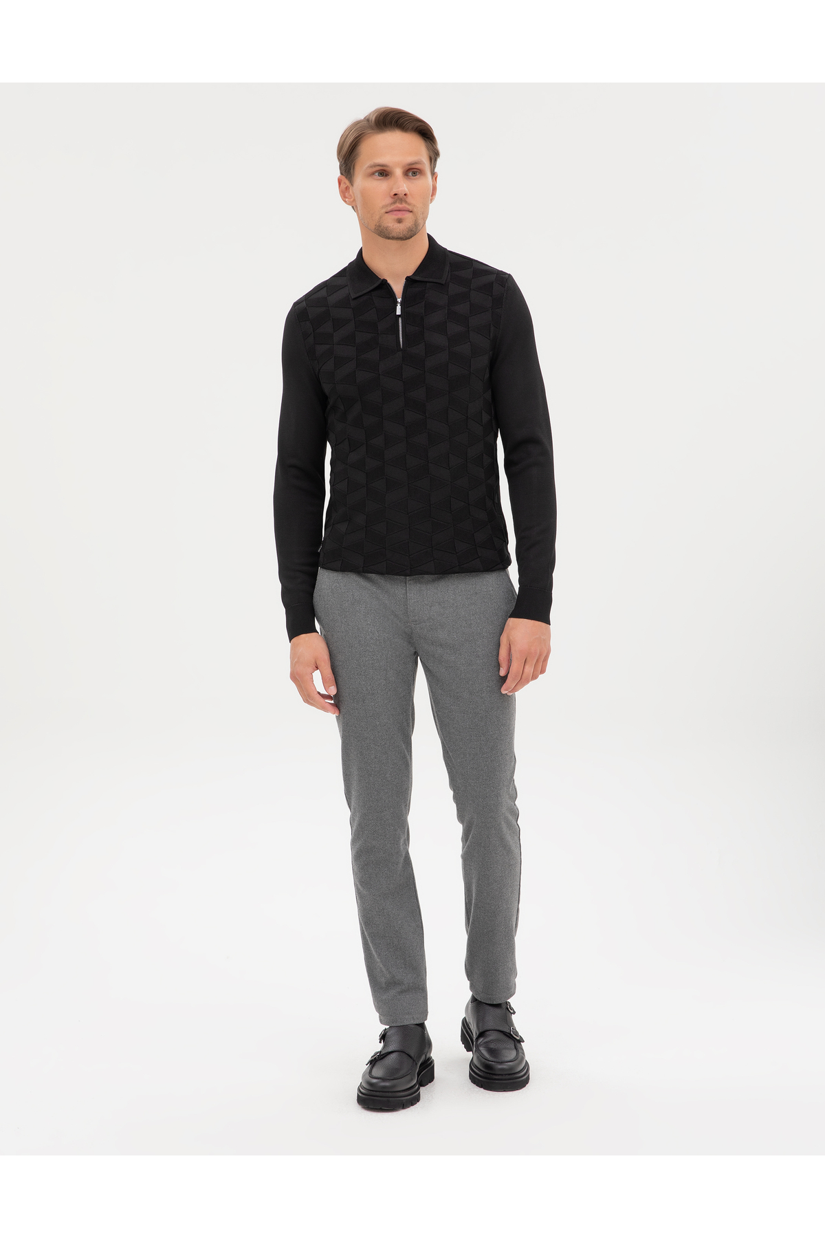 Pierre Cardin Siyah Slim Fit Polo Yaka Fermuarlı Triko Kazak 50315688-VR046 görsel 4
