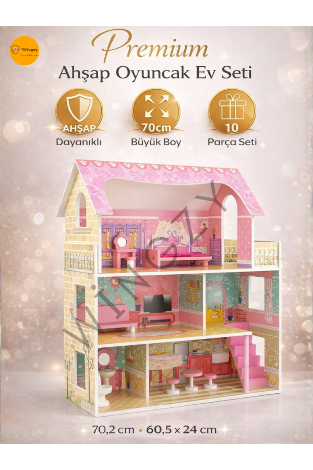 Pembe Ahşap Bebek Evi 3 Katlı Büyük Tasarım – 10 Parça Mobilyalı DEV Oyuncak Ev