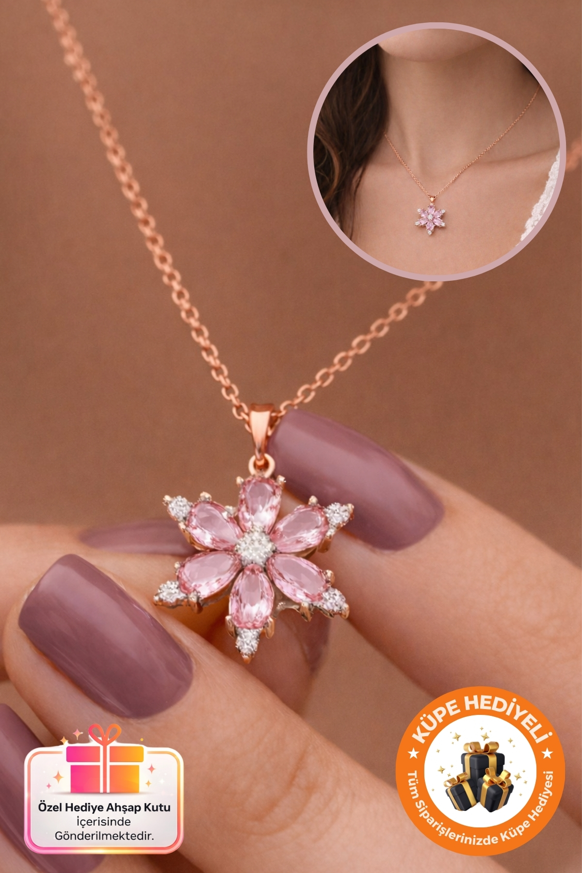Lucente Jewellery 925 Ayar Aşk Şans Bolluk Bereket ve Zarafetin Simgesi Rose Gold Ametist Taşlı Lotus Kararma Karşıtı Rodyum Gümüş Özel Gün Hediyesi 45 Cm Zincirli Pembe Lotus Çiçeği Küpe Hediyeli Şık Kadın Kolye