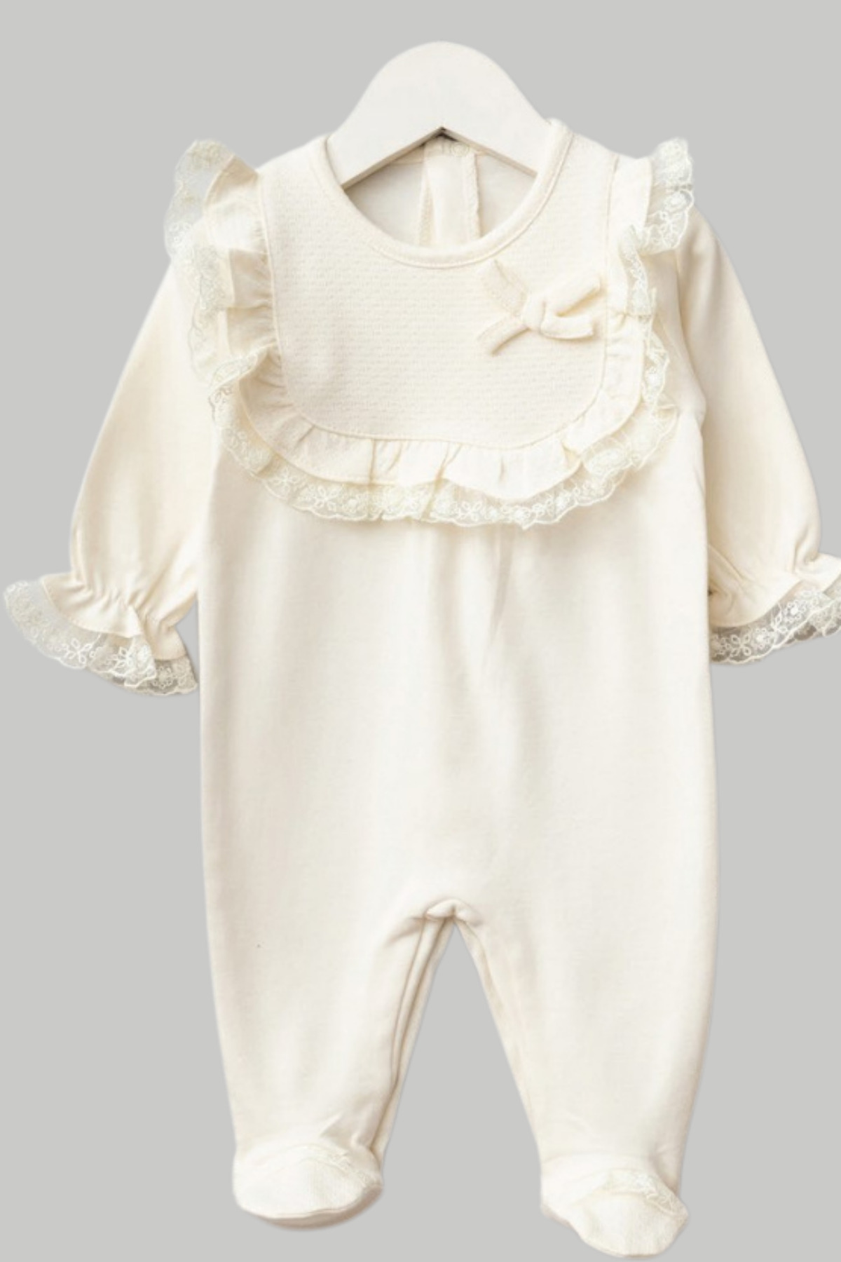 Naka Concept %100 Pamuk 3 Parça Dantelli Kız Bebek Hastane Çıkış Seti – Fiyonklu Krem fotoğrafı 3 (önizleme)