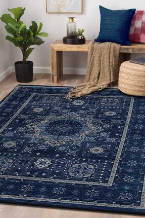 Frenda Home Fas Kapısı Desenli Yıkanabilir Pamuk Taban Halı Lacivert