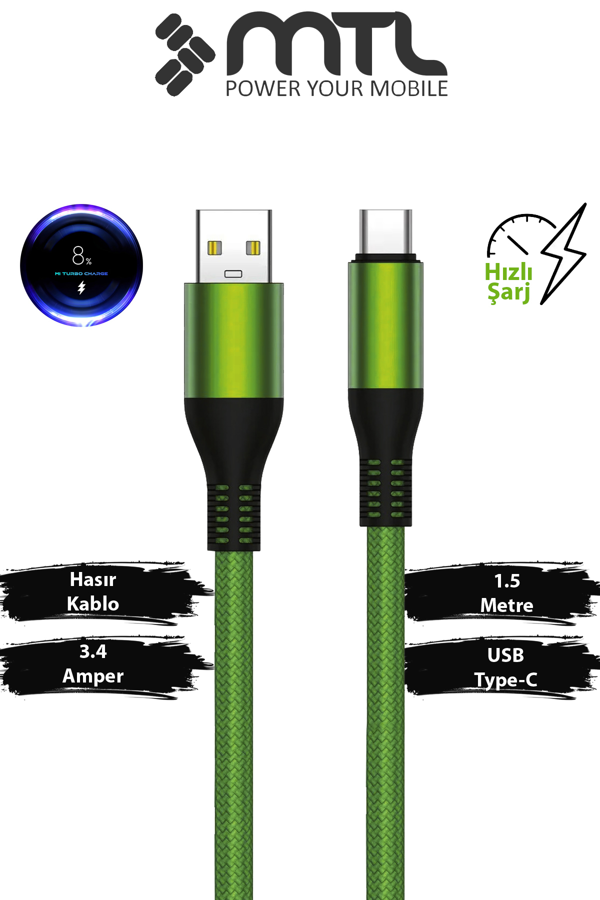 3.4A USB to Type-C Braided Metal Head Fast Charging and Data Cable 1.5 Meters MT2051
