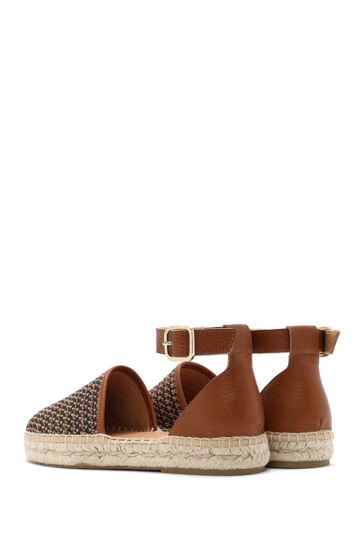 Derimod  Kadın Taba Bilekten Tokalı Hasır Hakiki Hakiki Deri Espadril Sandalet 25SFD4573M7 - Görsel 5