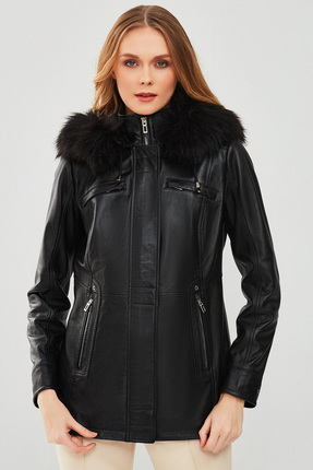 Derimod Betty Kadın Siyah Kapüşonlu Kürklü Deri Kaban 23WGE51481M