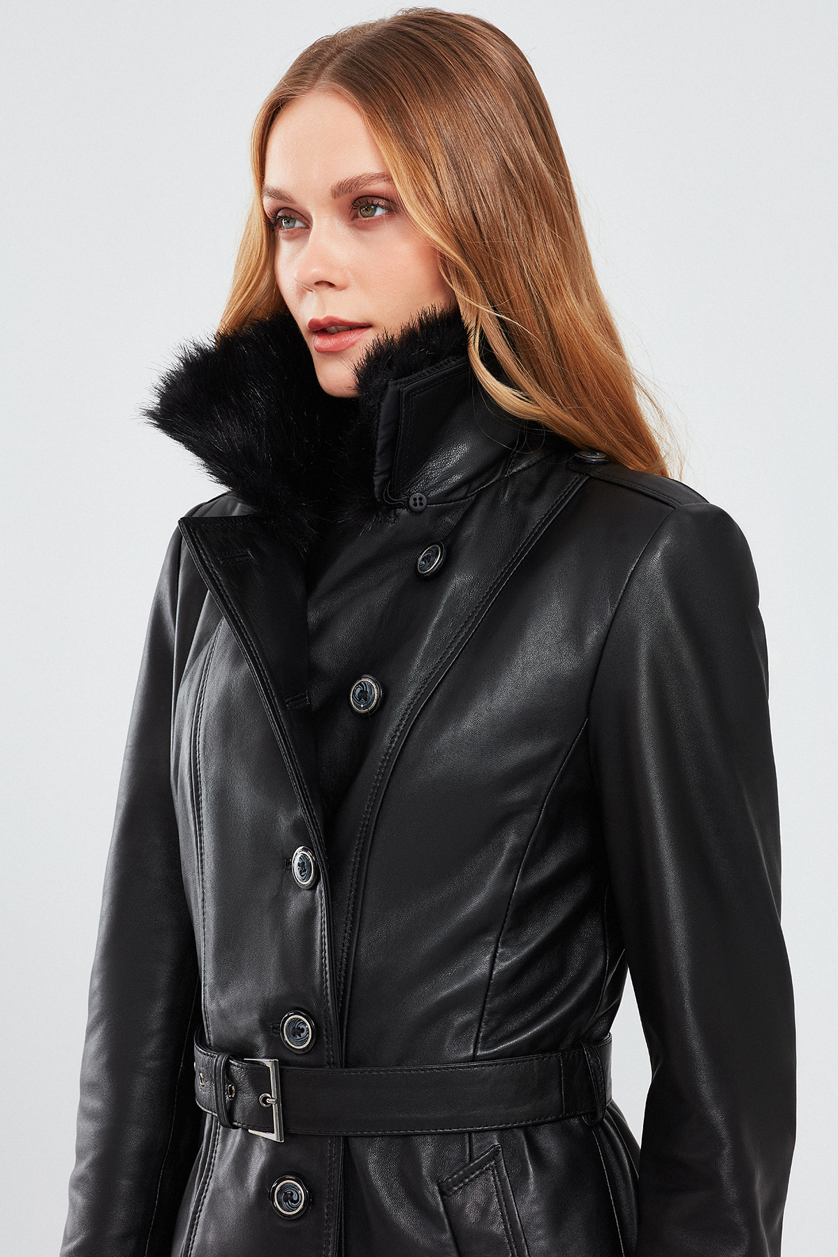 Derimod  Brenda Kadın Siyah Kürklü Deri Trençkot 17WGE53401M - Görsel 5